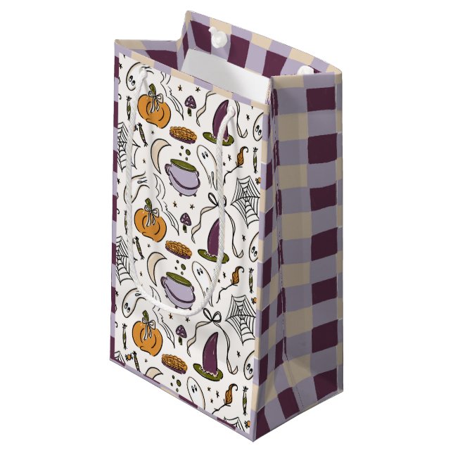 Halloween Illustrations Chequered Pattern Small Gift Bag (Front Angled)