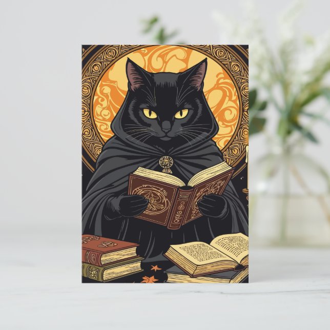 Halloween In Hardback A Cat Reading Books Invitation (Standing Front)