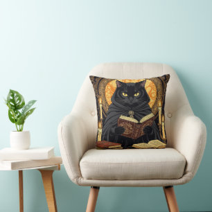 Halloween In Hardback A Cat Reading Books Throw Pillow