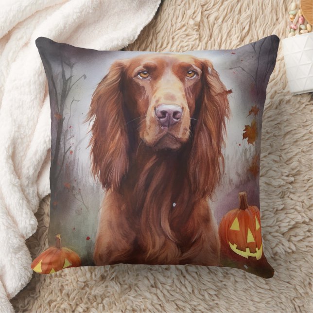 Halloween Irish Red Setter With Pumpkins Scary  Throw Pillow (Blanket)
