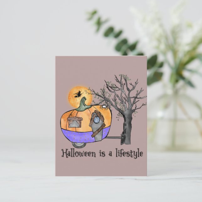 Halloween Is a Lifestyle – Pumpkin Camper Van Postcard (Standing Front)