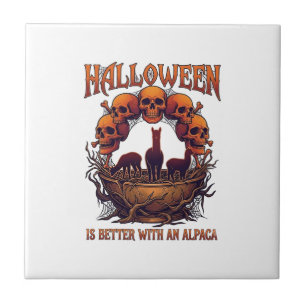 Halloween Is Better Alpaca Orange Skulls Spider We Tile