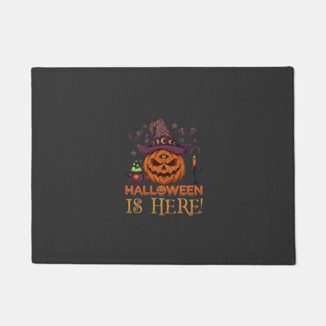 Halloween Is Here Pumpkin Witch Hat Magic Cauldron Doormat (Front)