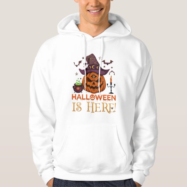 Halloween Is Here Pumpkin Witch Hat Magic Cauldron Hoodie (Front)