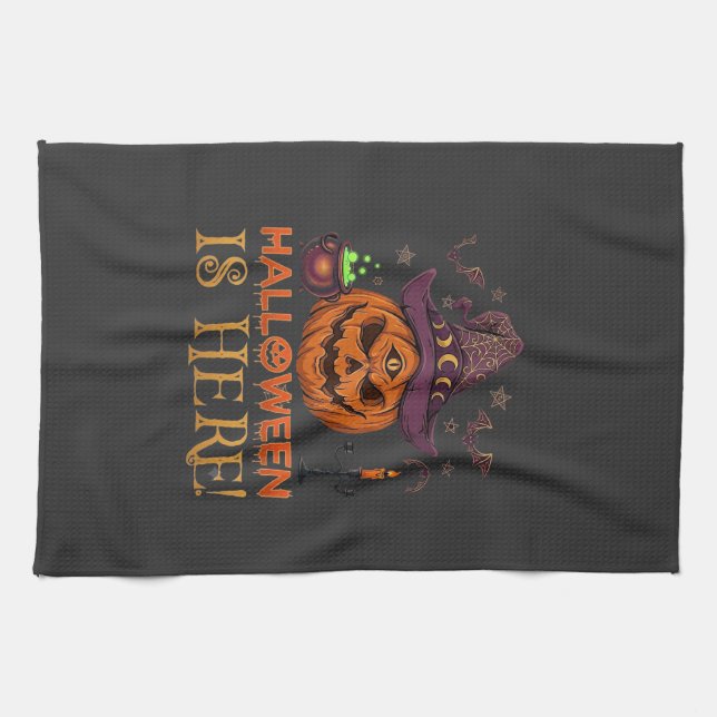 Halloween Is Here Pumpkin Witch Hat Magic Cauldron Kitchen Towel (Horizontal)