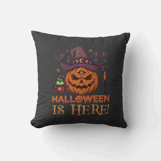Halloween Is Here Pumpkin Witch Hat Magic Cauldron Throw Pillow (Front)