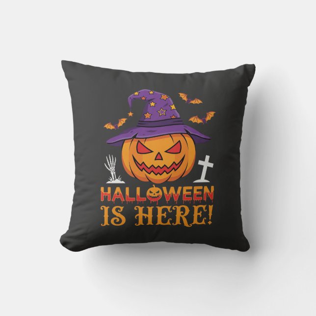 Halloween Is Here Witch Pumpkin Vector Throw Pillow (Front)