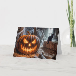 Halloween Jack-o-Lantern and Black Barn Cat Holiday Card