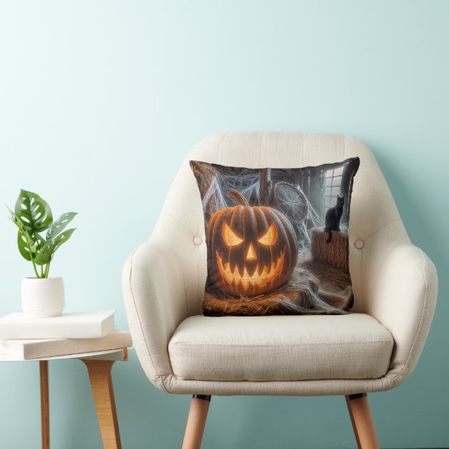 Halloween Jack-o-Lantern and Black Cat Throw Pillow (Chair)