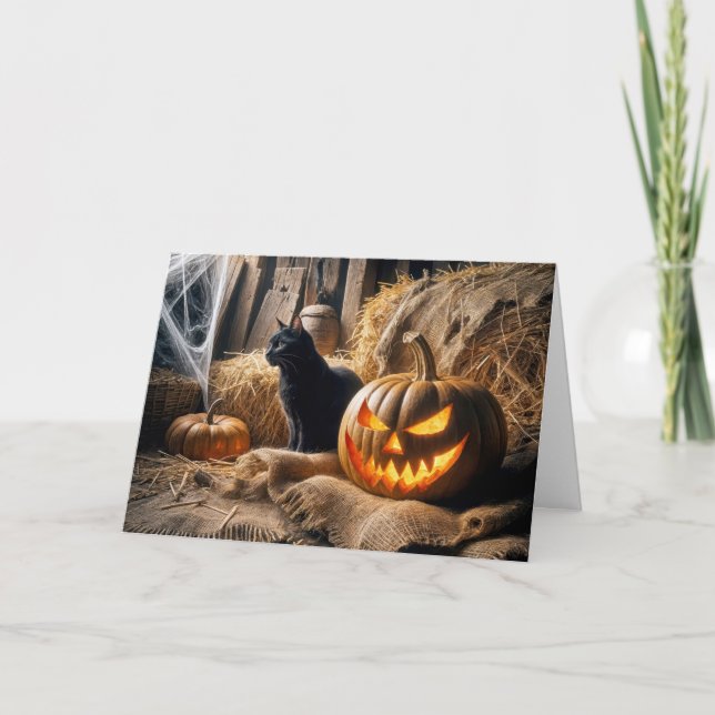 Halloween Jack-o-Lantern and Cat In Barn Holiday Card (Front)