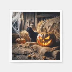 Halloween Jack-o-Lantern and Cat In Barn Napkin