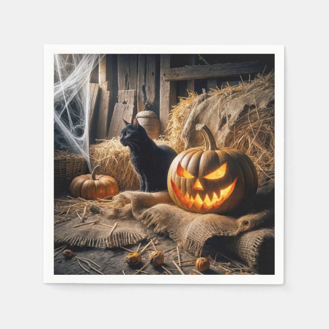 Halloween Jack-o-Lantern and Cat In Barn Napkin (Front)