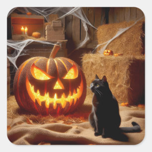 Halloween Jack-o-Lantern and Cat In Barn Square Sticker