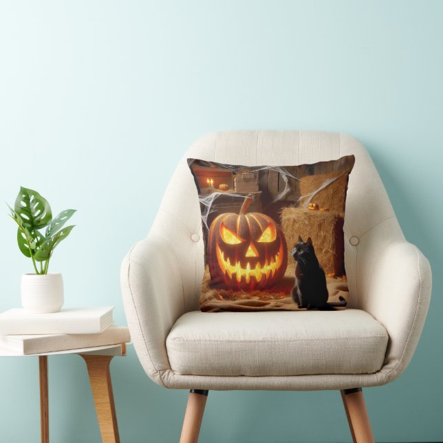 Halloween Jack-o-Lantern and Cat In Barn Throw Pillow (Chair)