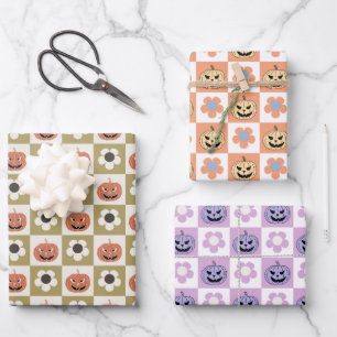 Halloween Jack-o-lantern and daisy checkerboard Wrapping Paper Sheet