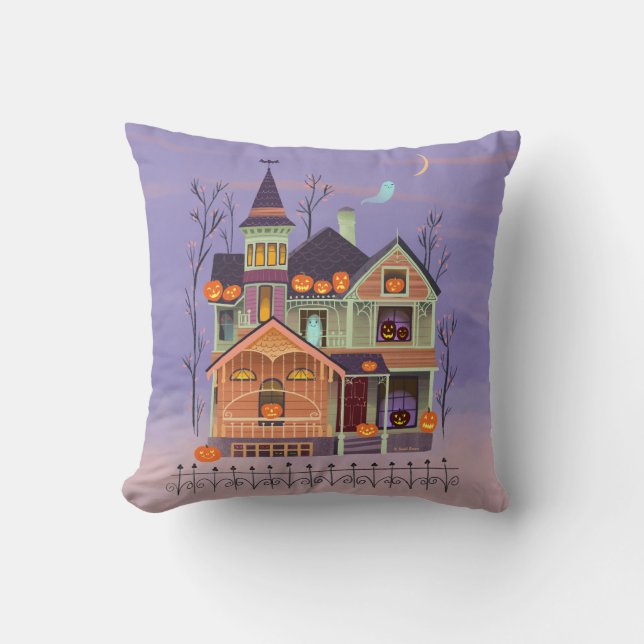 Halloween Jack-o'-lantern House Throw Pillow (Front)