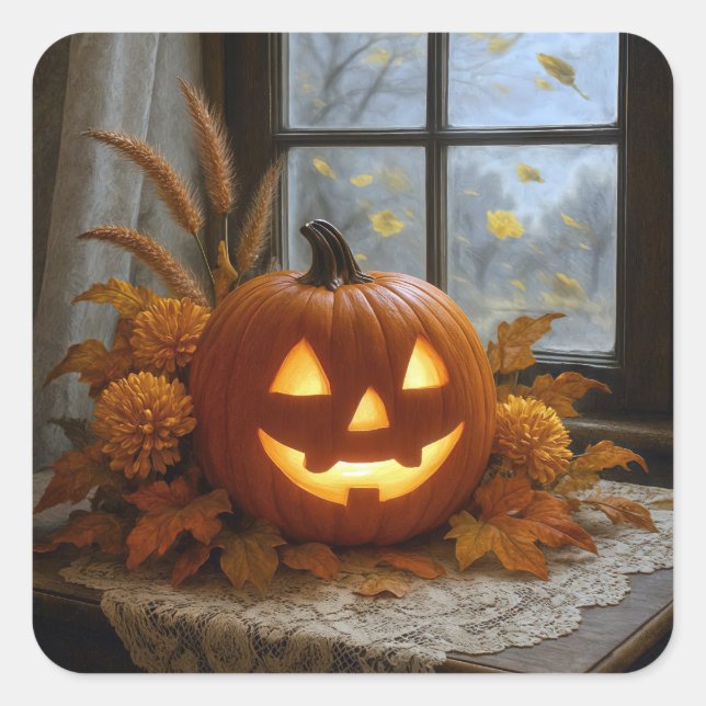 Halloween Jack-o-Lantern In Autumn Flowers Square Sticker (Front)