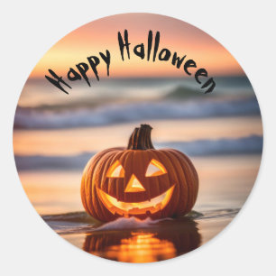Halloween Jack-o-Lantern on Ocean Beach Classic Round Sticker