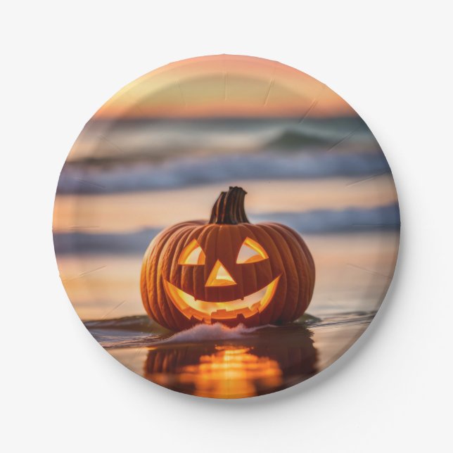 Halloween Jack-o-Lantern On The Beach Paper Plate (Front)