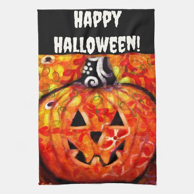 Halloween Jack O Lantern Orange Personalized Kitchen Towel (Vertical)