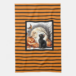 Halloween Jack O Lantern Pumpkin and Cat Kitchen Towel