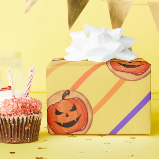 Halloween Jack-O-Lantern Pumpkin Cookie on Yellow Wrapping Paper (Birthday Party)