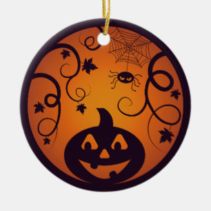 Halloween Jack o lantern pumpkin face and spider Ceramic Ornament