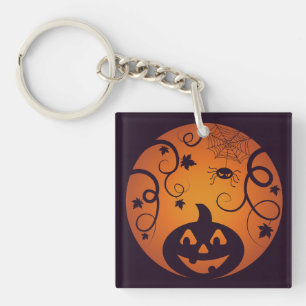 Halloween Jack o lantern pumpkin face and spider Keychain