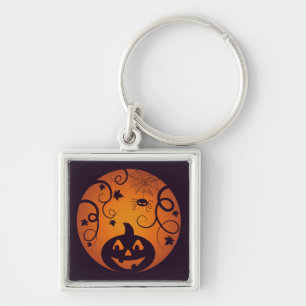 Halloween Jack o lantern pumpkin face and spider Keychain
