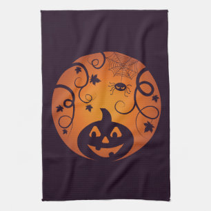 Halloween Jack o lantern pumpkin face and spider Kitchen Towel