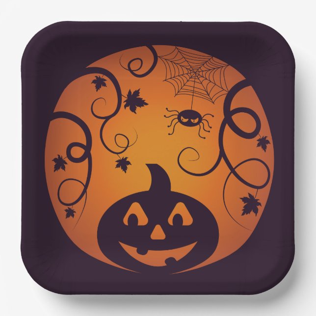 Halloween Jack o lantern pumpkin face and spider Paper Plate (Front)