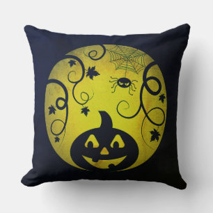 Halloween Jack o lantern pumpkin face and spider Throw Pillow