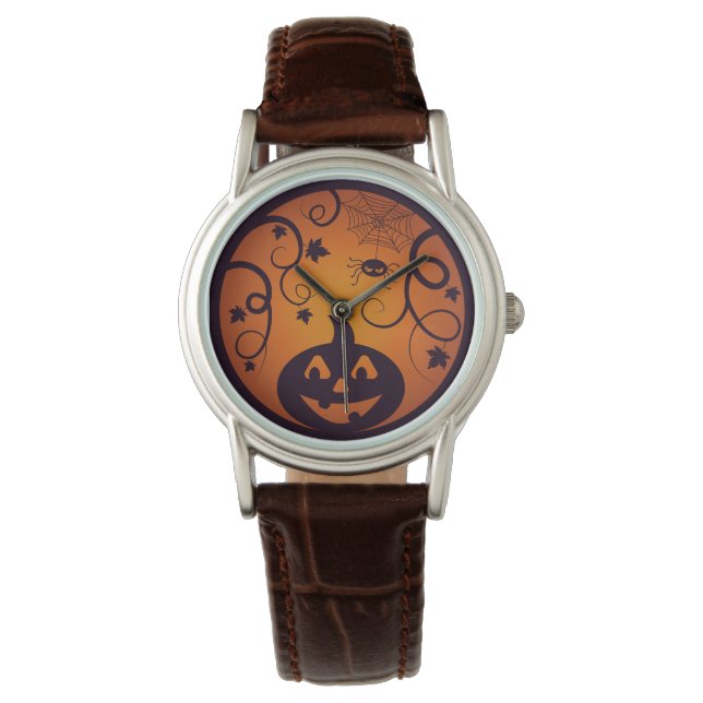 Halloween Jack o lantern pumpkin face and spider Watch (Front)
