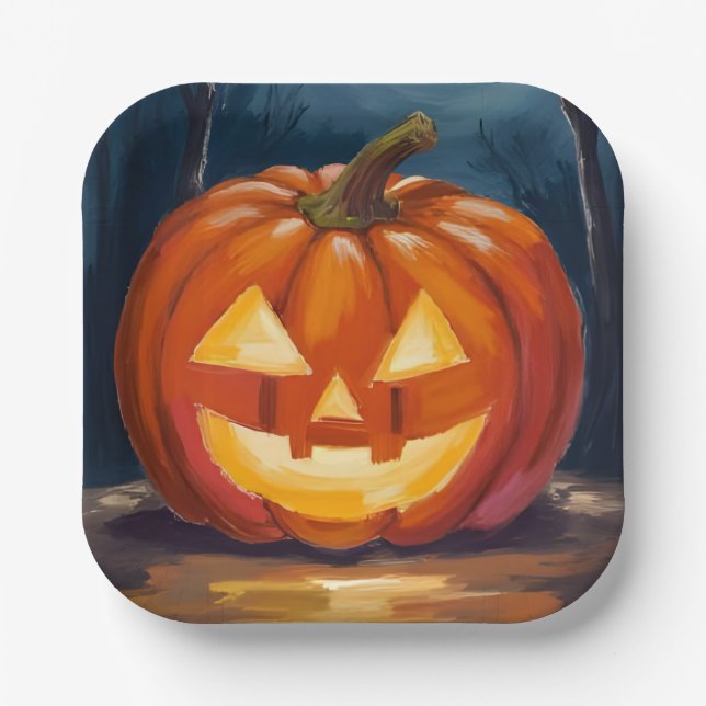 Halloween Jack-O-Lantern Pumpkin Paper Plate (Front)