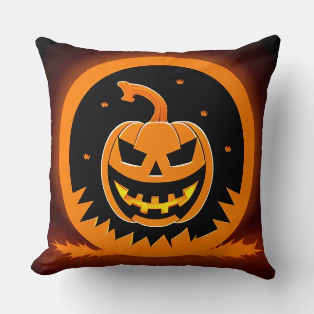 Halloween Jack-O'-Lantern With Creepy Face Throw Pillow (Front)