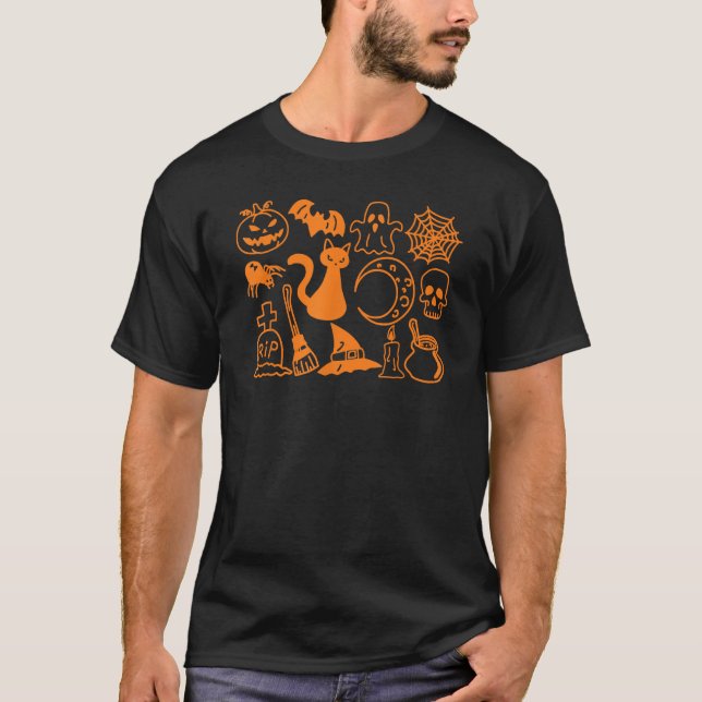 Halloween Jack O'Lantern, Bat Cat Ghost Moon Spide T-Shirt (Front)