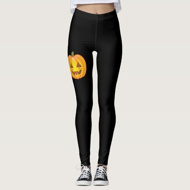 Halloween Jack O'lantern Pumpkin On Black Leggings (Front)