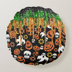 Halloween Jack Olantern Pumpkins, Flying Ghosts Round Pillow