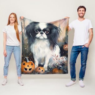 Halloween Japanese Chin With Pumpkins Scary Fleece Blanket