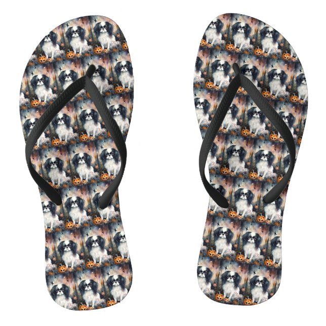 Halloween Japanese Chin With Pumpkins Scary Flip Flops (Footbed)