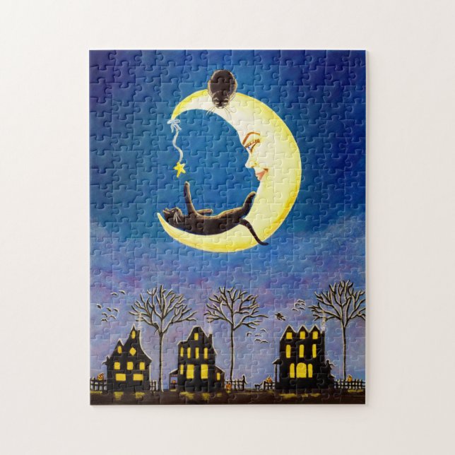 Halloween jigsaw puzzle,crescent moon with cats jigsaw puzzle (Vertical)