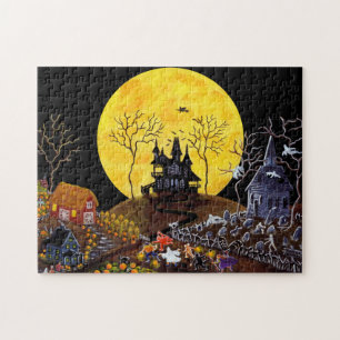 Halloween jigsaw puzzle, haunted town puzzle