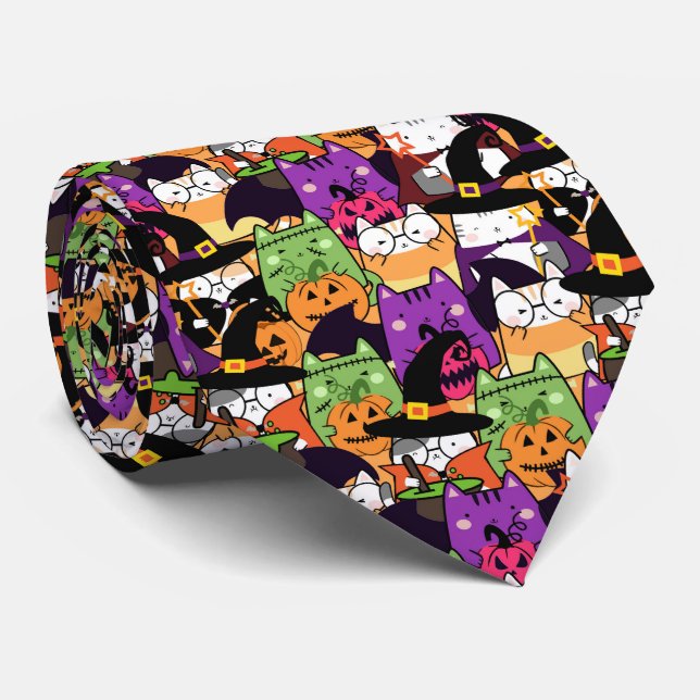 Halloween Kawaii Cat Pattern  Tie (Rolled)