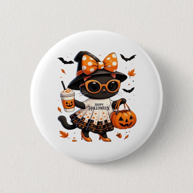Halloween Kawaii Cat – Witch Cat with Pumpkin and  2 Inch Round Button (Front)
