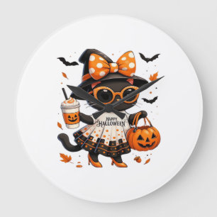 Halloween Kawaii Cat � Witch Cat with Pumpkin and  Large Clock