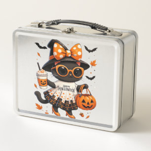 Halloween Kawaii Cat � Witch Cat with Pumpkin and Metal Lunch Box