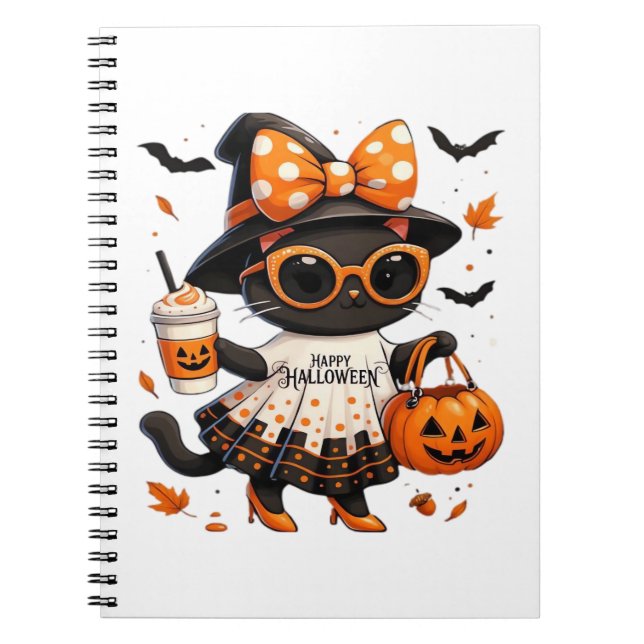 Halloween Kawaii Cat – Witch Cat with Pumpkin and  Notebook (Front)