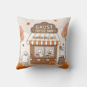 Halloween Kawaii Ghost Barista Illustration Throw Pillow