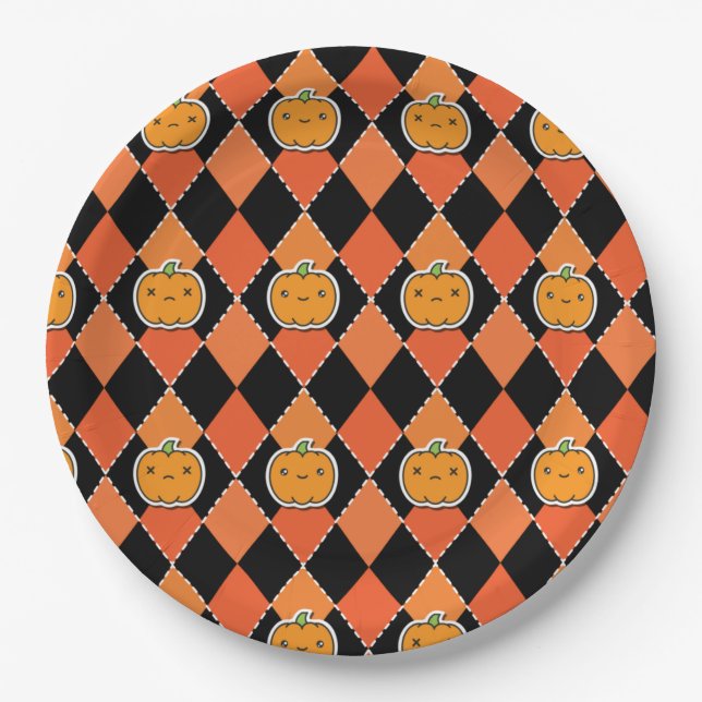 Halloween Kawaii Jack-o-lantern Argyle Paper Plate (Front)