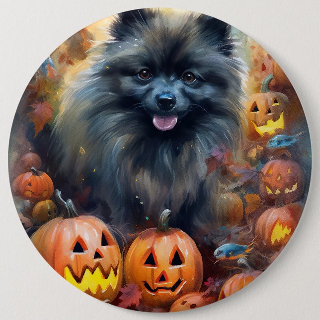Halloween Keeshond With Pumpkins Scary 6 Inch Round Button (Front)